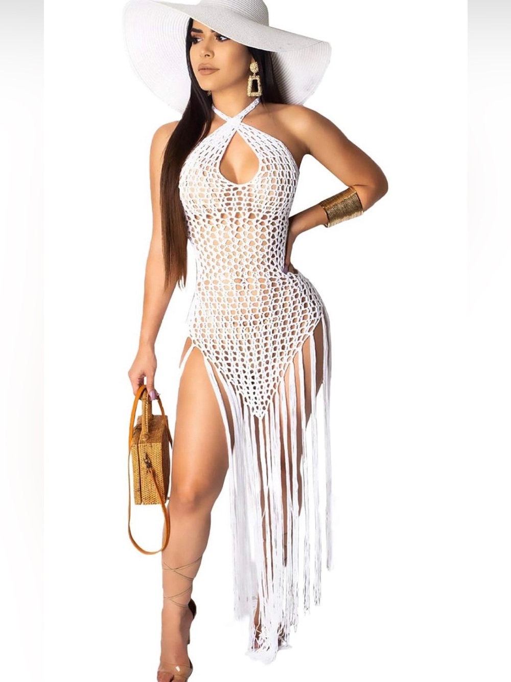 Women’s White Crochet Fringe Beach Cover-Up Halter Dress